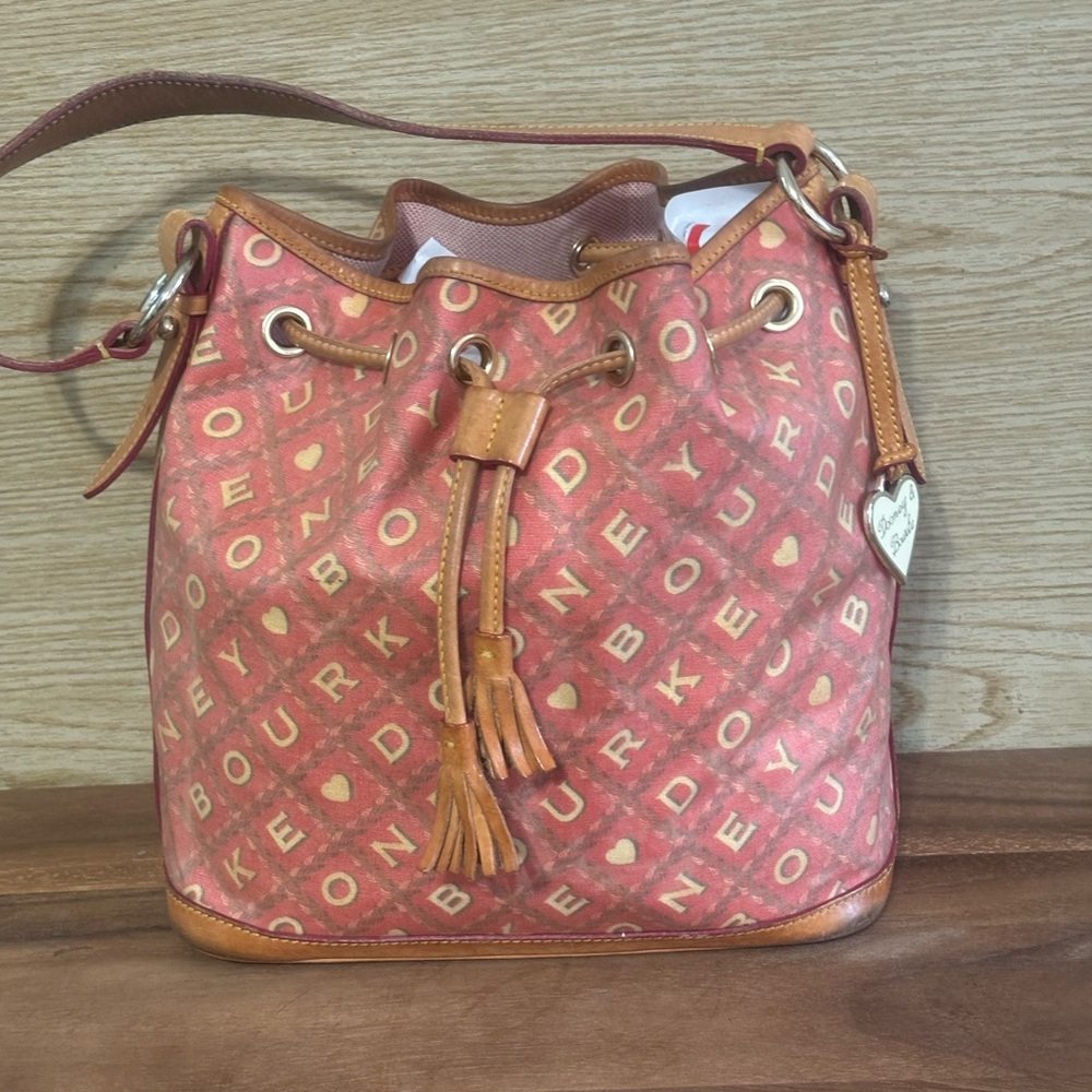 Dooney & Bourke Red and Tan Drawstring Bucket Bag